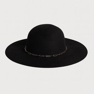 Christian Siriano Black Wool Wide Brim Floppy Hat Chain Accent Festival Chic